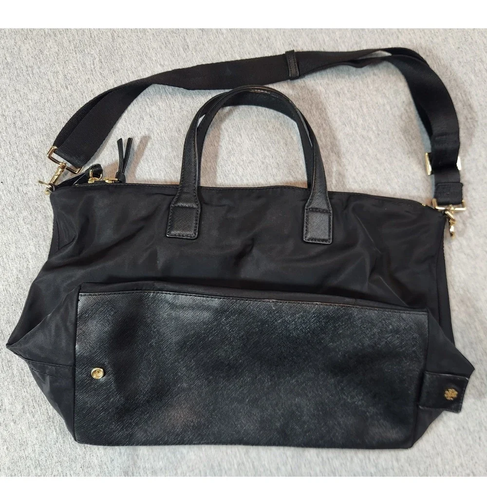 Tory Burch Ella Tote Bag Womens Medium Black Nylon Saffiano Crossbody Strap